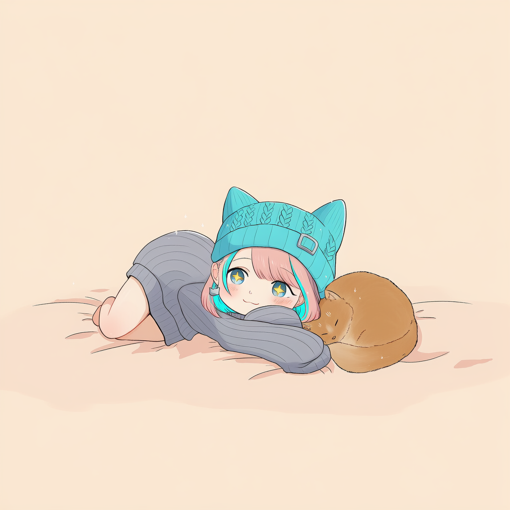 猫耳ニット帽のキャラクターと猫のイラスト